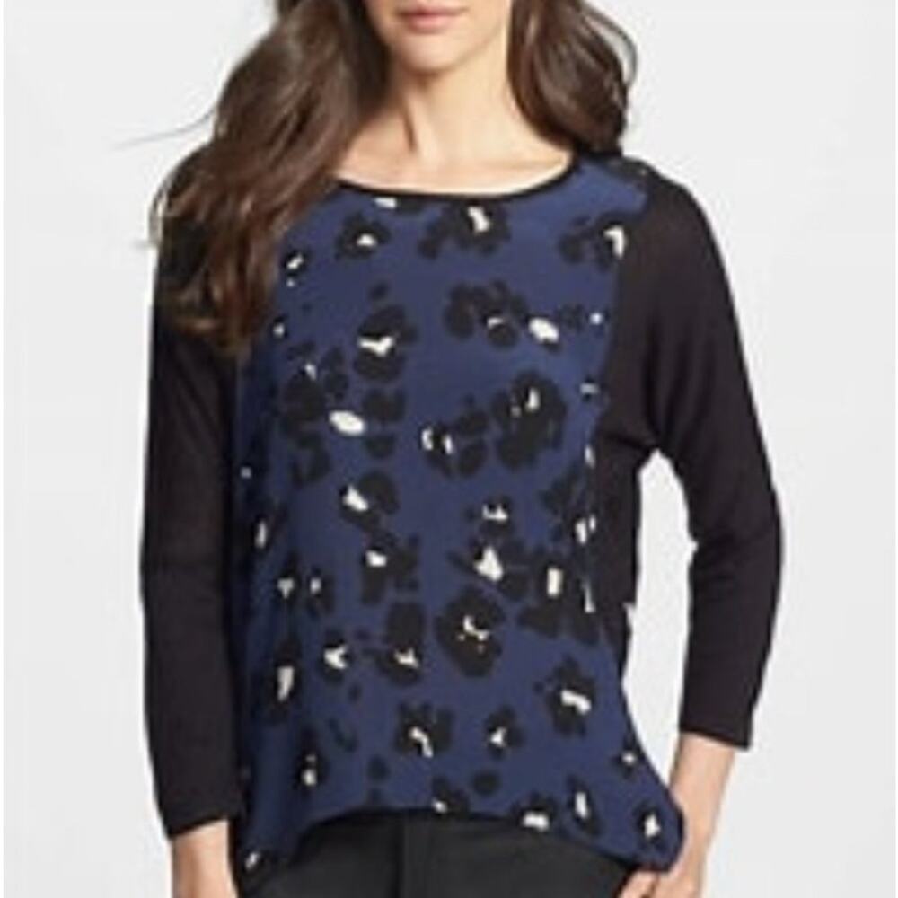REBECCA TAYLOR COOL CAT PRINT MIXED MEDIA TOP SIZE 8 Silk & Wool Blend.